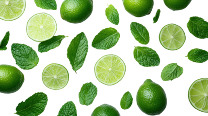 Vibrant green lime fruits with mint leaves , isolated and perfectly sliced, offer a fresh, juicy, and healthy citrus experience
