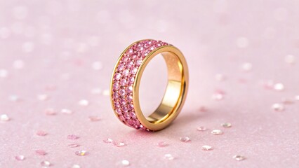 Gold ring with pink gemstones isolated on a pink background