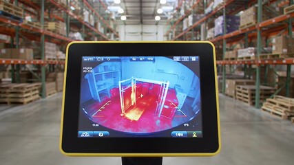 Thermal Camera Displaying Analytics Console in a Warehouse with Shelving and Boxes Heat Map Technology and Efficient Monitoring - Powered by Adobe