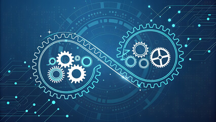 Digital infinity symbol made of gears represents continuous process and technology