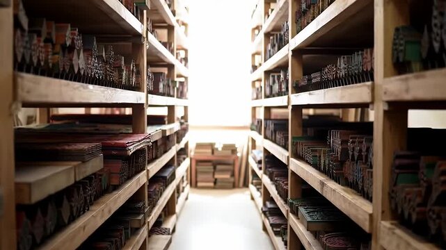 Textile Block Printing Blocks on Shelves in Studio Workshop