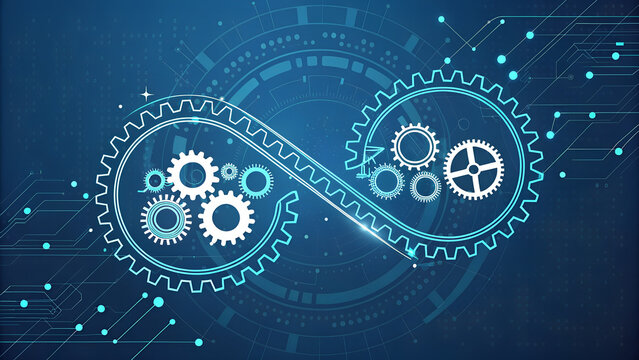 Digital infinity symbol made of gears represents continuous process and technology