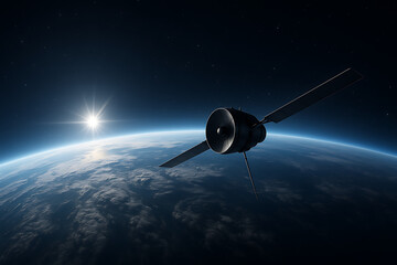 Space satellite flying over earth with atmospheric glow during orbital path with clear view of continents and clouds
