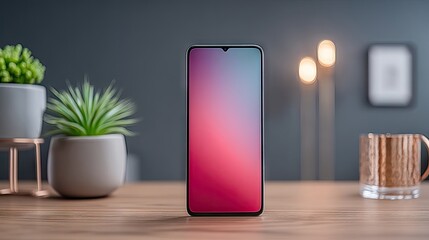 Modern Smartphone with Pink and Purple Gradient Screen on Wooden Table