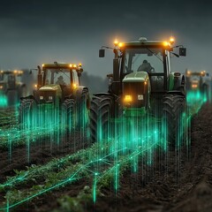 Modern Tractors Working at Night in a Field with Green Digital Lines