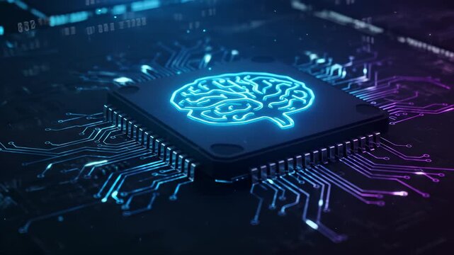 Futuristic AI chip powering technology with glowing brain icon and intricate circuit board patterns