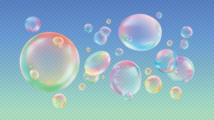 Colorful soap bubbles on a transparent background. Bubbles with rainbow hues float gracefully. Soap bubbles create a playful, colorful atmosphere. Soap bubble element vector set.