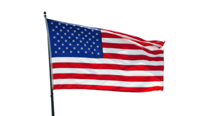Vibrant american flag with crisp stripes and perfect stars, mid-wave on a slender dark flagpole, against a transparent background with ample copy space, clean studio lighting, isolated view.