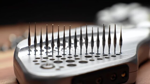 Traditional Tattoo Needle Binding Rack Close-up with Metallic Sheen on Wooden Table Sharp Details and Focus