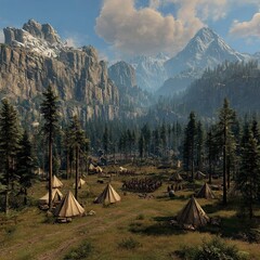 Mountain Valley Camp with Soldiers Simulating a Historical Battle