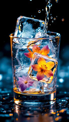 Schmelzendes Eis im Glas mit Blüte - ein Schmuckstück im Glas