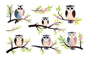 Owl Family Tree: An enchanting array of illustrated owls perched gracefully on branches, creating a whimsical and serene scene of the natural world.