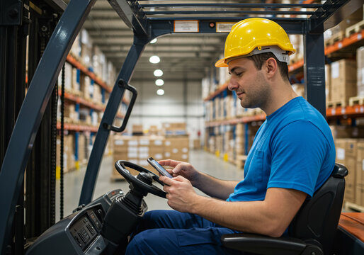 Focused warehouse worker in yellow hard hat checks smartphone while operating forklift amidst tall shelves packed with goods