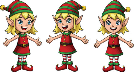 Happy Cartoon Christmas Elf Girl Characters in Festive Outfits with Open Arms – Cute Holiday Design for Kids and Winter Themes