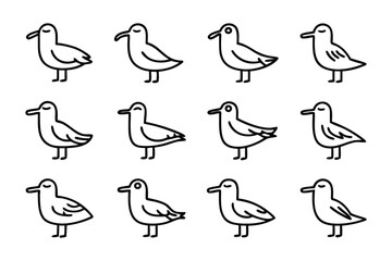 Seagull Cartoon: A set of twelve charming cartoon seagulls, each depicted with simplicity, showcase the grace and beauty of these iconic coastal birds in a delightful, clean style.