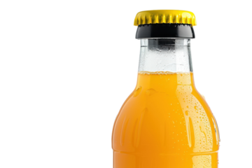Orange beverage bottle with condensation on glass and a yellow cap resting on a clean surface