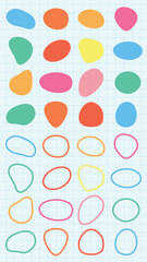Fototapeta premium Colorful abstract shapes on a grid background. Vibrant shapes include circles and ovals. Abstract shapes in green, pink, yellow, and blue on grid. Pastel shapes, vector element set.