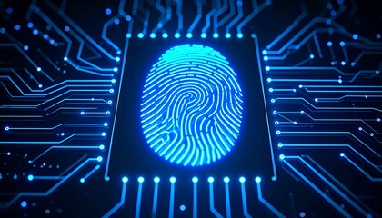 Blue glowing fingerprint lock and electronic motherboard chip processor technology.