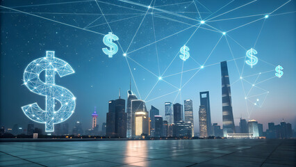 Futuristic cityscape with digital dollar signs and network connections