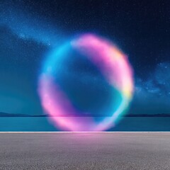 Neon Circle Glow Over Night Sea and Starry Sky