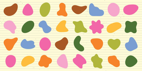 Colorful abstract shapes in various colors like pink, orange, and green. Abstract shapes are vibrant and diverse, creating a playful and artistic pattern. Colorful shapes, vector element set.