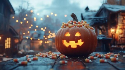 Festive halloween scene with carved pumpkin and candy corn in rustic village. Happy Halloween