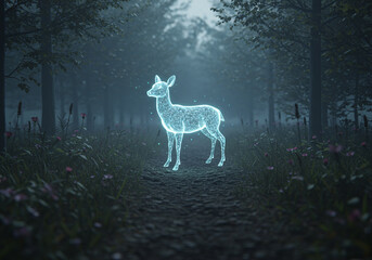 Enchanting digital deer hologram glows with ethereal light amidst a misty, magical forest pathway