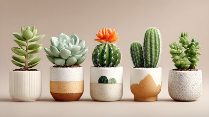 Potted succulents and cacti arranged neatly on clean white background, HD realistic