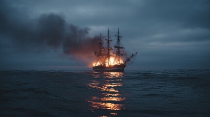 Fototapeta premium Burning wooden sailing ship engulfed in flames at night on dark stormy ocean.