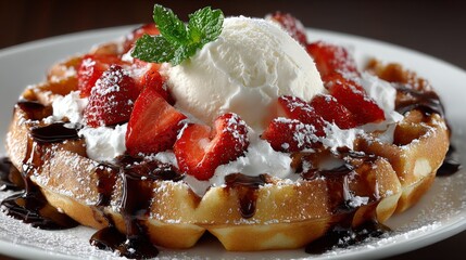 Delicious waffle topped with strawberries, whipped cream and vanilla ice cream.