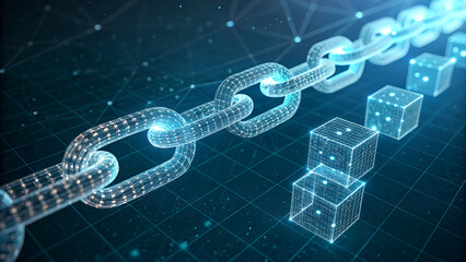 Digital blockchain network with glowing cubes and interconnected links