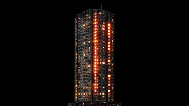 High-rise apartment building with glowing windows at night on dark background.
