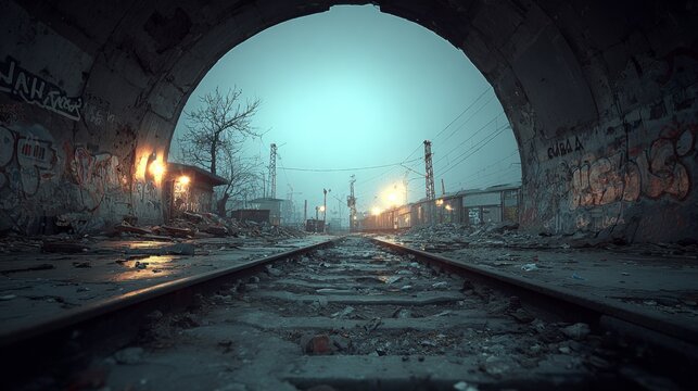 Abandoned railway underpass with graffiti and debris at dusk in urban decay scene.