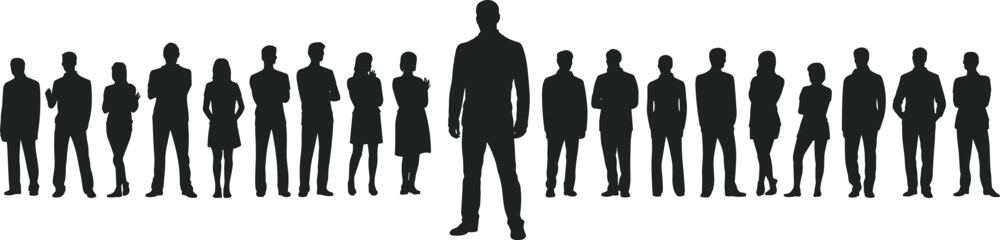 Silhouetted Business Team Standing Together with One Central Leader Highlighted for Leadership, Corporate Unity, and Professional Teamwork Concept