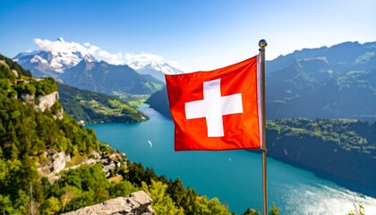 Flag of Switzerland in the foreground with the background