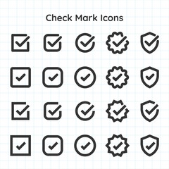 Set of check mark icons in various styles. Check marks in squares, circles, and shields. Simple and bold check mark designs on a grid background. Vector element set.