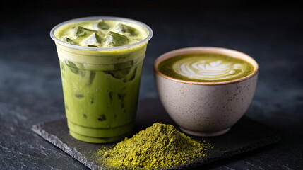 Iced and Hot Matcha Latte Duo on Black Slate with Matcha Powder