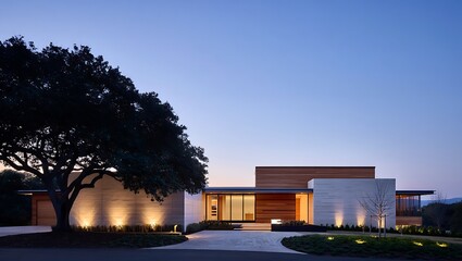 Obraz premium Modern Architectural Home Exterior at Twilight with Landscape Lighting and Dramatic Sky and mature oak tree