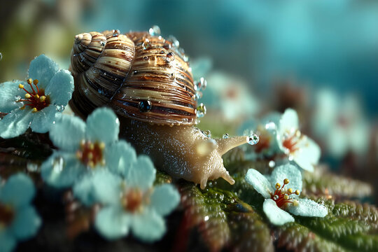 Macro close up photography of garden snail with spiral shell covered in sparkling water droplets crawling among delicate white spring blossoms creating dreamy bokeh nature scene.