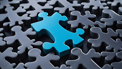 Unique Blue Puzzle Piece Standing Out From Many Grey Pieces