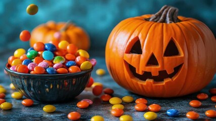 Colorful candy and carved pumpkin for halloween celebration