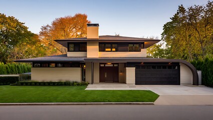 Obraz premium Modern architectural home exterior with lush green lawn and landscaped garden at golden hour with natural light reflecting on the property