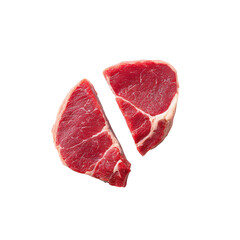 Fototapeta premium Juicy red meat sliced cleanly in half, showcasing raw texture and natural fat layers, perfect for butcher shop or cooking visuals, on transparent background