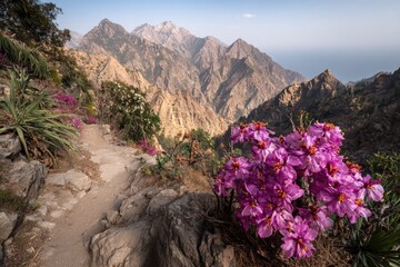 Mountain path with vibrant pink flowers