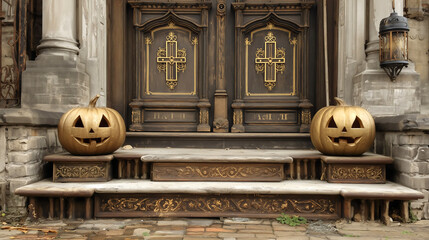 Golden jack o lanterns, stone steps in front of historic gothic church doors with decorative crosses and classical columns creating halloween atmosphere.