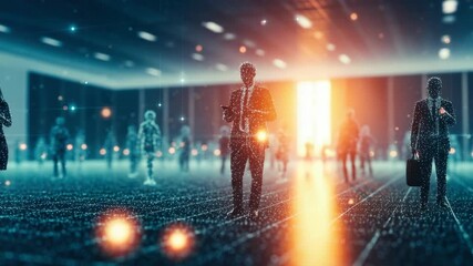 A futuristic business conference scene featuring diverse professionals engaged in discussions and networking amidst a digital environment with glowing data patterns and abstract lighting in the backgr - Powered by Adobe