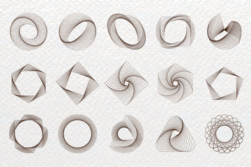 Geometric patterns in brown on white background. Circular, hexagonal, and triangular designs. Geometric shapes create intricate, abstract patterns. Geometric elements, vector set.