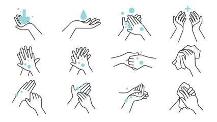 Illustration of handwashing steps. Hands with soap, water, bubbles. Step-by-step handwashing guide. Clean hands, hygiene, handwashing process. Hygiene illustrations, vector set.
