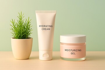 Minimalistic Setup Featuring Plant, Cosmetic Tube, And Jar