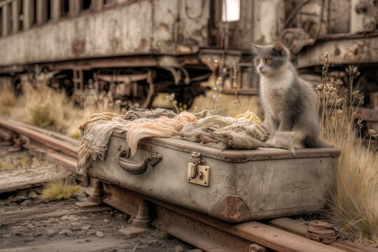 Gray cat sitting on vintage leather suitcase beside abandoned rusty train car on overgrown railway tracks with wild grass creating nostalgic melancholic atmosphere of forgotten travel and departure.